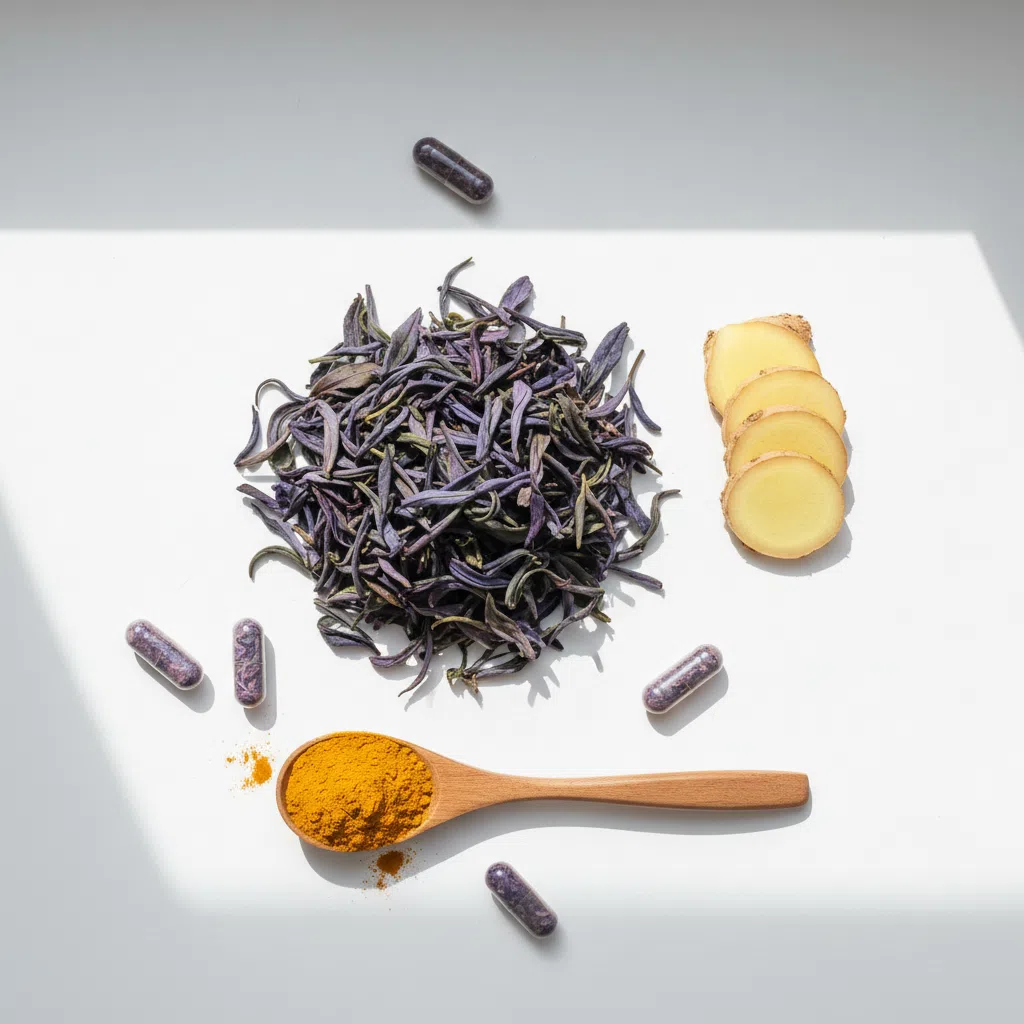 Plantaardige ingrediënten metabolisme: groene thee, gember, kurkuma en capsules op witte ondergrond
