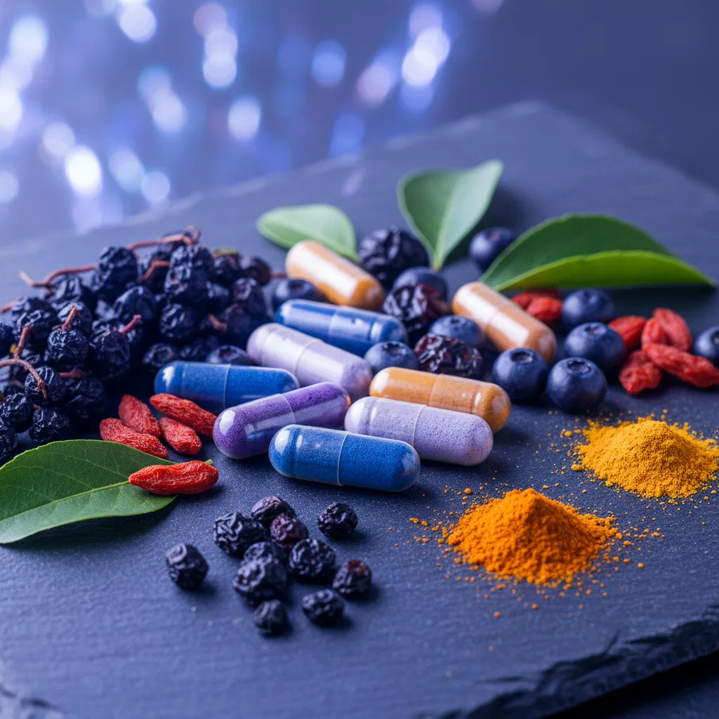 Macro-opname van kleurrijke plantaardige extractcapsules en botanische ingrediënten