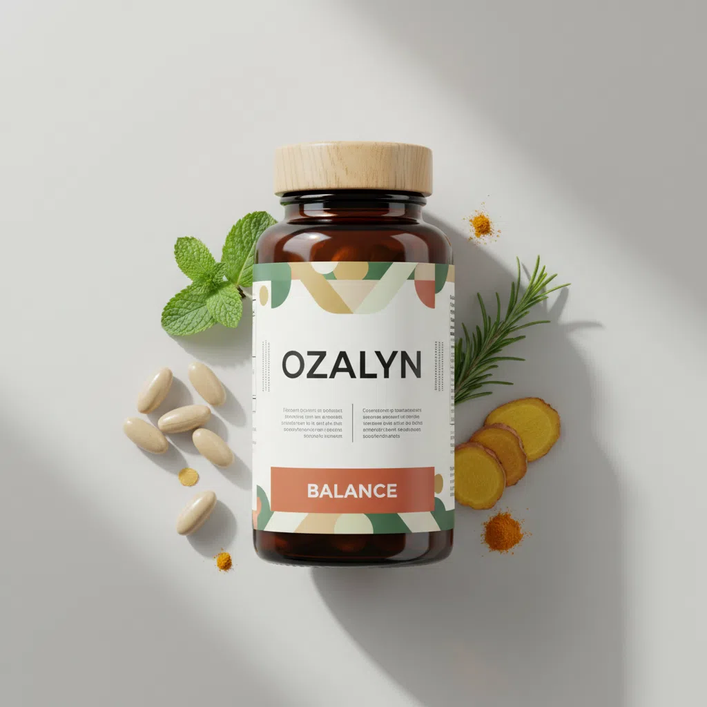Ozalyn voedingssupplement pot met paars deksel en wit-paars etiket, plantaardige ingrediënten metabolisme